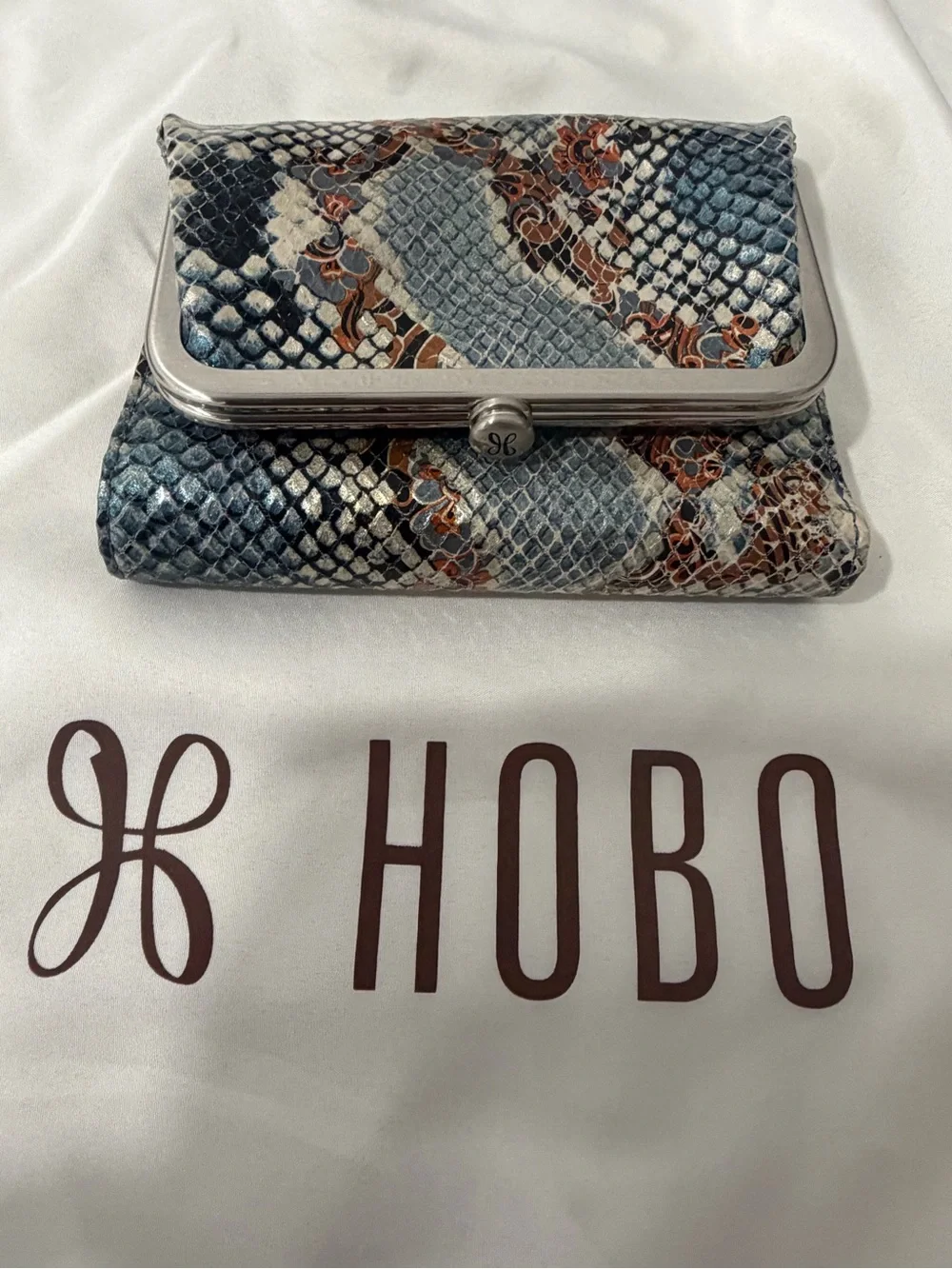 HOBO Blue and Brown Snake-Print Leather Robin Frame Wallet
